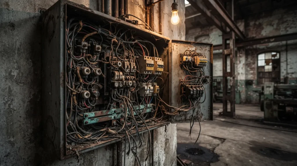 Cableado y tablero antiguo antes de actualizar una instalación eléctrica industrial