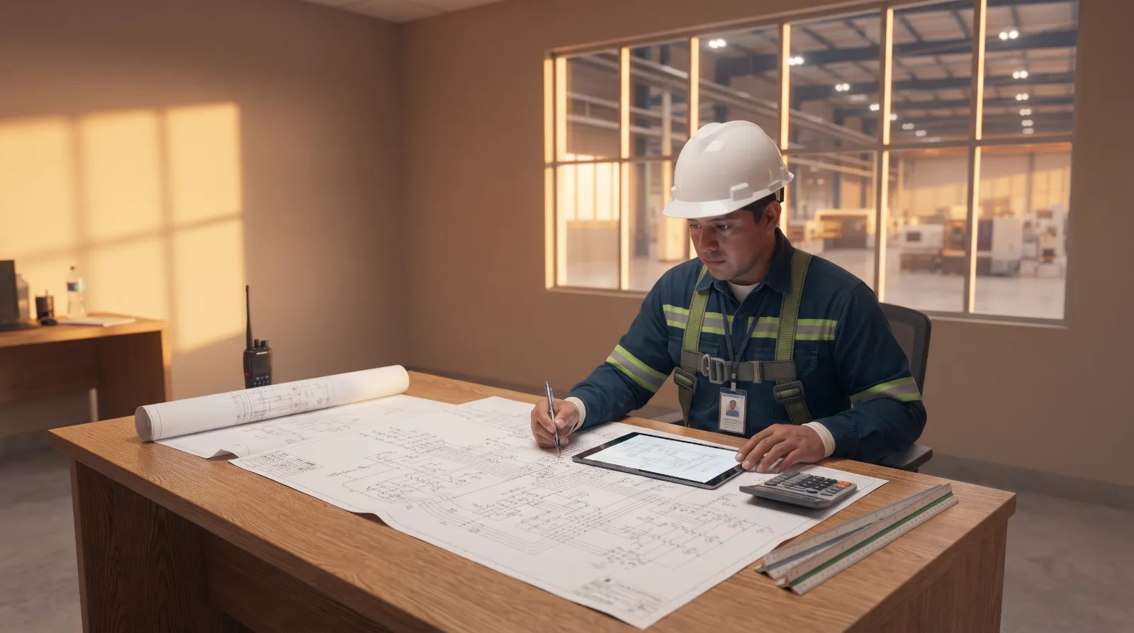 Ingeniero revisando planos para cotizar una instalación eléctrica industrial