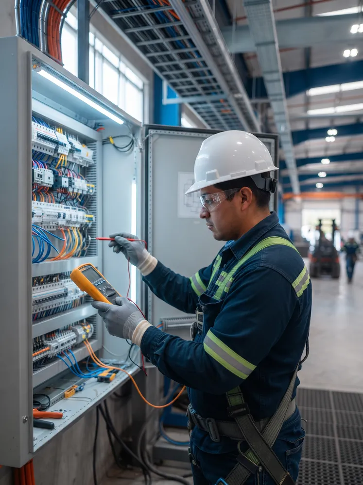 Técnico midiendo un tablero en mantenimiento eléctrico industrial