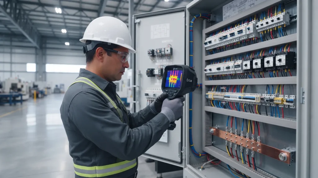 Técnico realizando mantenimiento eléctrico industrial en un tablero de planta